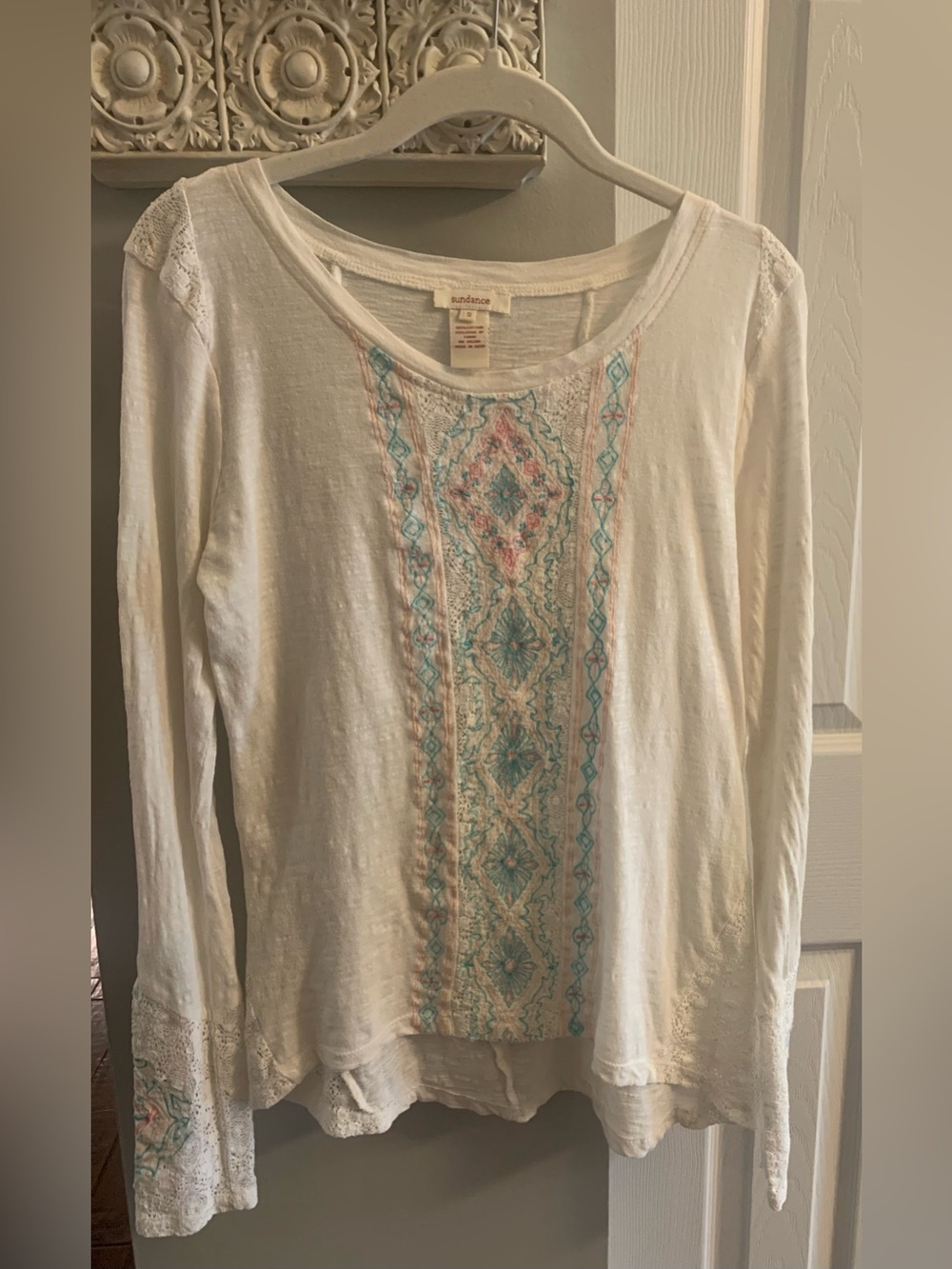 Sundance White Long-Sleeve Tee with Turquoise & Coral Embroidery